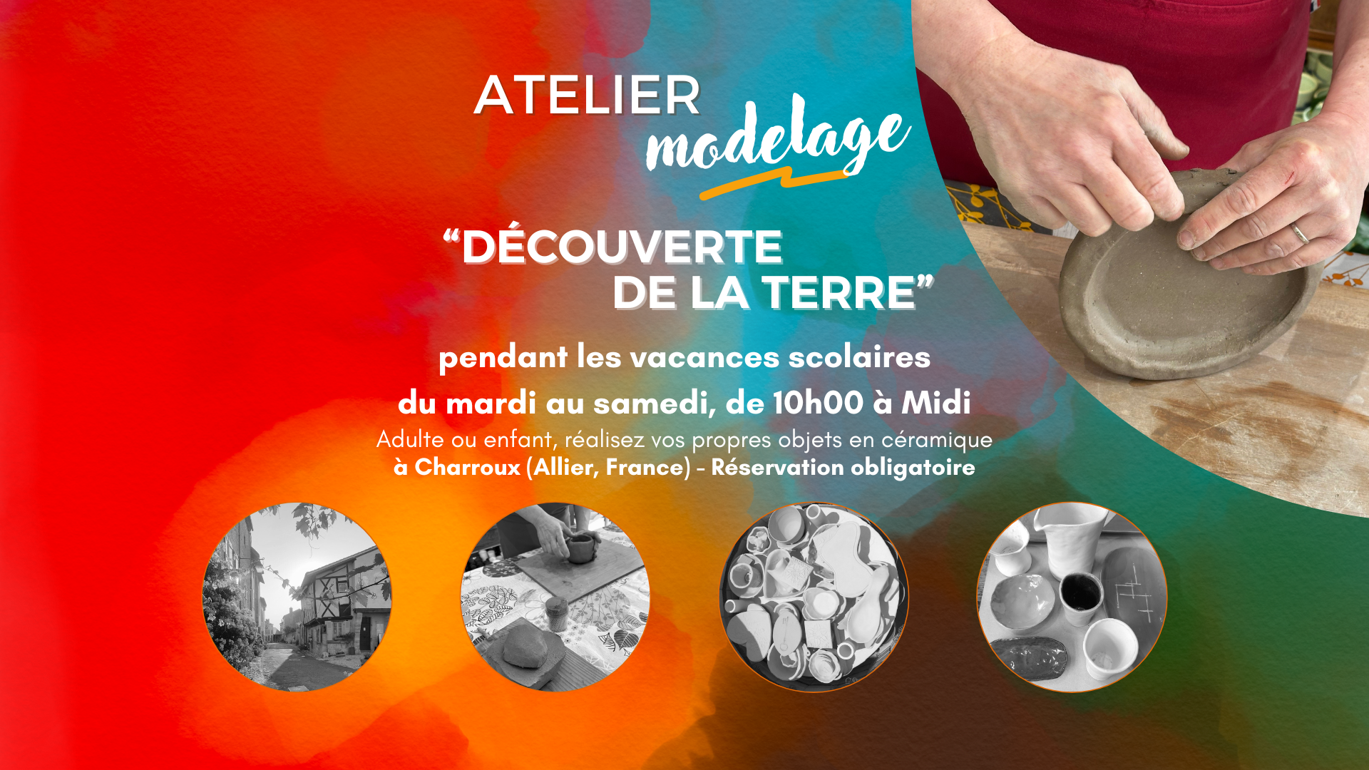 Atelier de potier Terres de Couleurs, stage découverte de la terre du mardi au samedi pendant les vacances scolaires à Charroux (03)